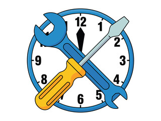 Illustration of a clock with a wrench and a screwdriver crossed over the clock face