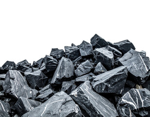 Large pile of dark, angular, and textured rocks against a plain black background