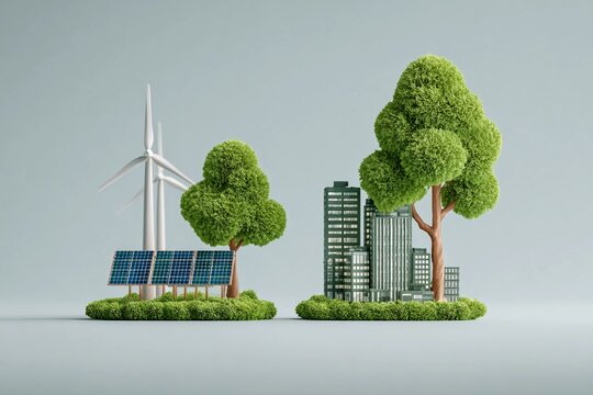 Green energy transformation with wind turbines and solar panels next to city buildings made of plants