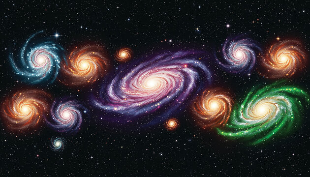 Vibrant spiral galaxies in outer space, cosmic celestial view