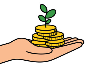 A hand holding a stack of gold coins with a small green plant growing out of the top