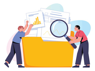 Two people analyzing documents and charts from a yellow folder with a magnifying glass