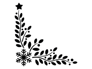 A decorative corner element featuring a snowflake and a star on a branch, suitable for holiday designs.