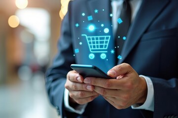 Businessperson using smartphone with holographic shopping interface for futuristic online shopping