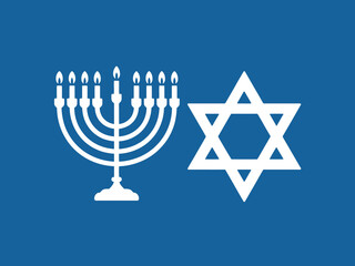 White menorah with lit candles and star of david on a solid blue background image