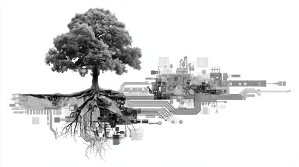 Fototapeta premium Monochrome tree with roots transforming into digital circuit board patterns illustrating technology evolution.