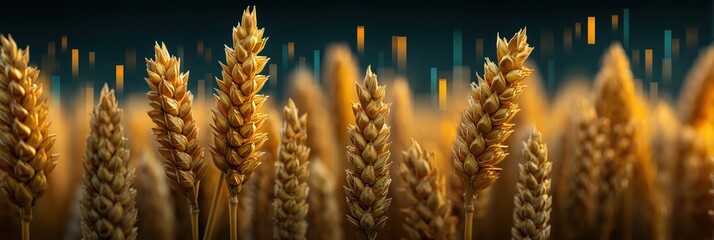 Close up view of golden wheat ears in a field with warm sunlight for agricultural harvest.