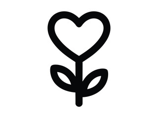 A simple black outline drawing of a heart shaped flower with two leaves on a white background