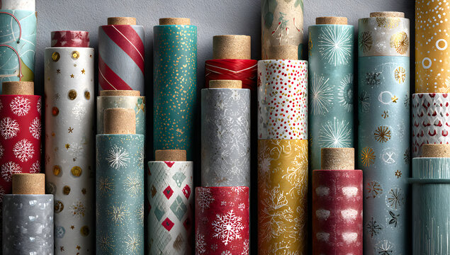 Festive wrapping paper rolls arranged from above, ideal backdrop for holiday design and layout