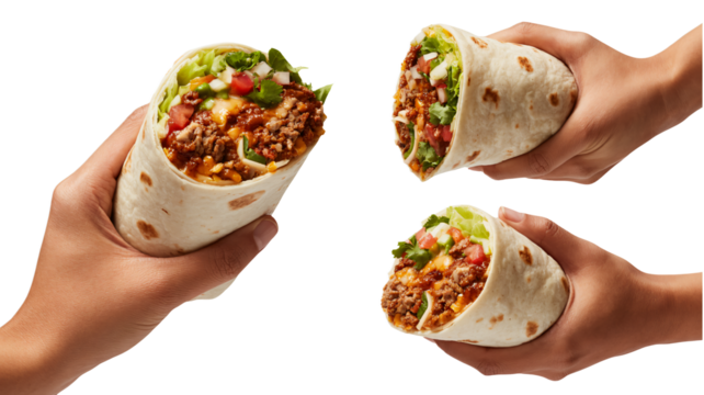 Delicious burritos held by hands, fresh ingredients spilling out, ready to eat