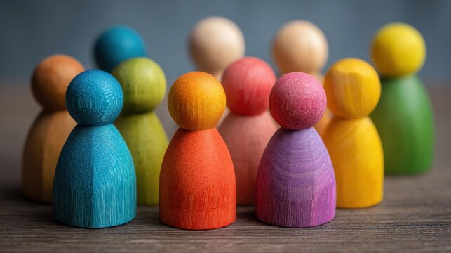 A group of wooden figurines of people are lined up on a table. The figurines are of different colors and sizes, and they appear to be arranged in a row. Concept of unity and diversity