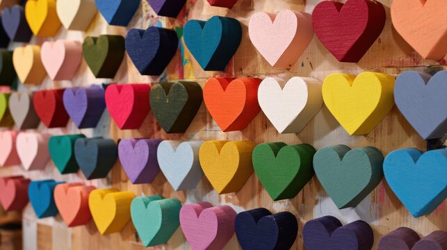 A wall of colorful wooden hearts. The wall is made of wooden hearts of different colors and sizes