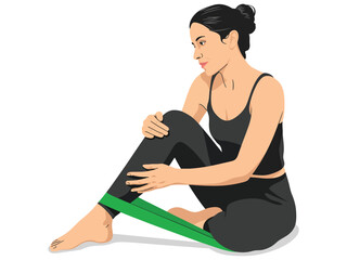 Woman in black workout clothes stretching with a green resistance band on her leg