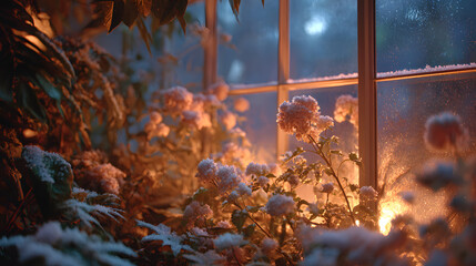 Looking through a frosted glass window, a tranquil winter garden emerges, illuminated by warm indoor light amidst the night sky