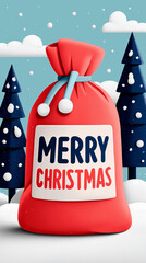 Merry Christmas gift bag in snowy landscape - illustration with soft grain texture and noise effect for festive design