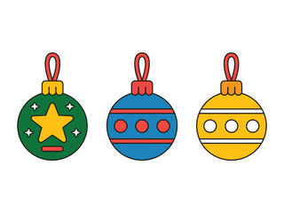 Three colorful christmas ornaments with different designs hanging side by side