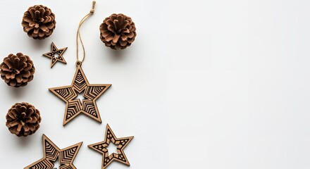 Festive flat lay featuring wooden star ornaments and pine cones on white surface