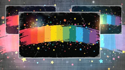 Video clip with torn lgbt flag of rainbow stripe, colorful star on black background with motion,
disappear, glow effect. Pride proud parade
animated video template for presentation,
screensaver. - Powered by Adobe