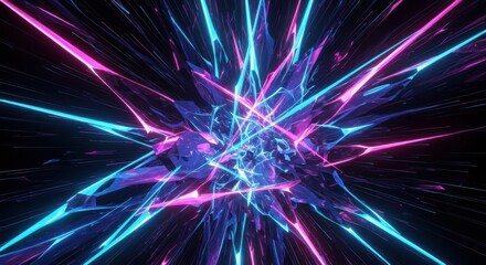 Naklejka premium Vibrant neon explosion of geometric shards and energetic lights.