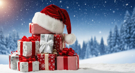 stack of wrapped Christmas gifts topped with a Santa hat on the snow