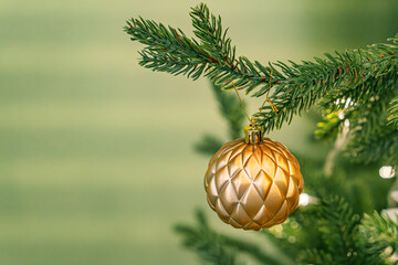 Close-up of a shiny gold Christmas ornament suspended from a fir tree branch, with contrasting pine...