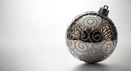 Elegant christmas ornament with silver glitter swirls on a bright white background