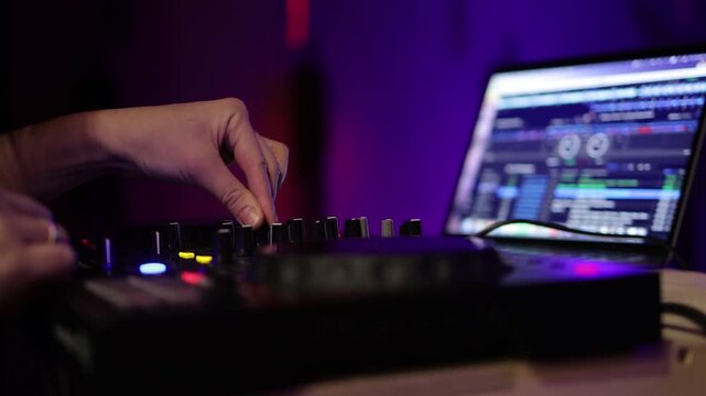 DJ setup overview, Energetic club DJ performing with digital controller in action, Content creator mixing music live using digital turntables under vibrant stage lights