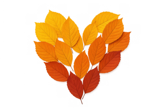 Autumn leaves forming heart shape on transparent background, symbolizing love, nature, and fall season