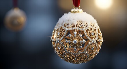 Elegant christmas ornament with gold filigree and diamonds hanging on a red ribbon