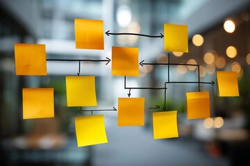 Bright yellow sticky notes create a flowchart on transparent glass in a modern office space with soft background illumination