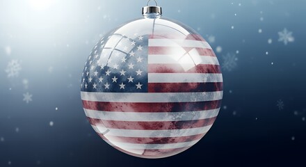 American flag design on a christmas ornament with snowflakes on a blue background