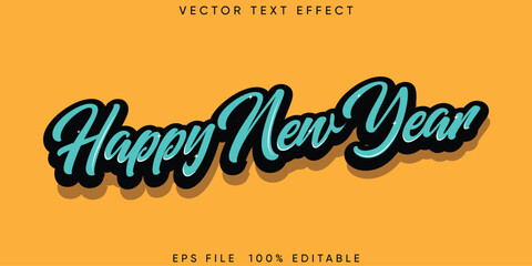Happy New Year Vector Script Text Effect Vibrant Blue and Black Calligraphy with Shadow on Orange Background for Holiday Greeting and Celebration Graphics