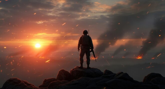 Silhouette of soldier on hill overlooking burning landscape at sunset with smoke and fiery debris - Powered by Adobe