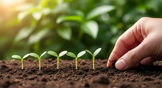 Hand planting seedlings in soil for new growth
