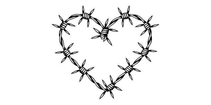 A heart shape constructed from barbed wire on a white background.