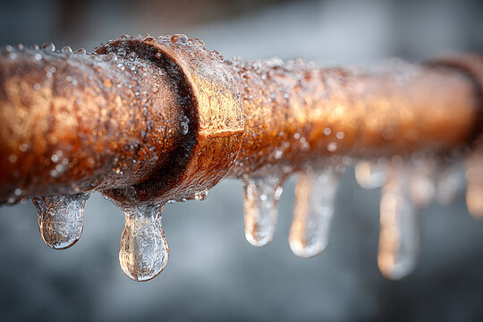 Close-up of a frozen copper pipe with icicles, showcasing the effects of cold weather on plumbing.