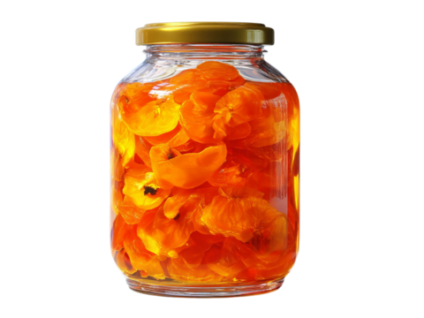 PNG of A translucent glass jar filled with vibrant orange flower petals, soaking in a golden liquid, exuding a warm, inviting glow.