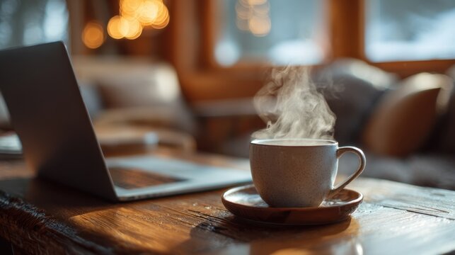 A laptop is open on a wooden table with a white coffee cup on a saucer. The steam from the coffee cup is rising, creating a cozy atmosphere