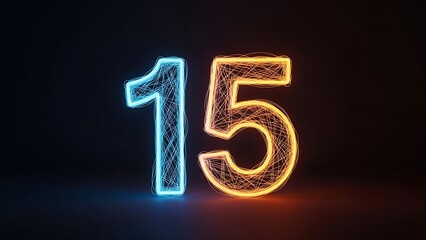 Glowing neon number fifteen with blue and orange light trails on a dark background perfect for anniversaries birthdays and special occasions or countdowns