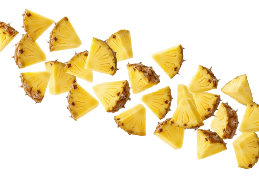 Multiple, vividly yellow, ripe pineapple pieces, irregularly cut into sharp triangles and organic chunks, showcasing juicy texture, suspended against a pristine transparent background with copy space, - Powered by Adobe