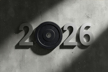 2026 numbers with gym weight plate on concrete wall - strength, goals and new year motivation