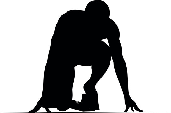 Silhouette of a sprinter in starting blocks, ready to race.