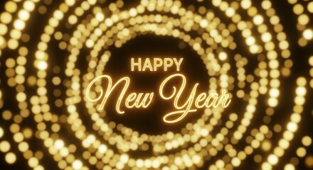Happy new year glowing text with golden bokeh light tunnel effect
