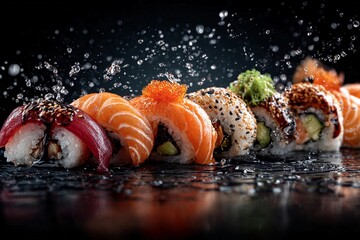 Sushi rolls arranged artistically with vibrant toppings and splashes of water captured in a dark setting
