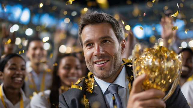 Coach lifting championship trophy with team, confetti rain, stadium roar, leadership payoff, with copy space