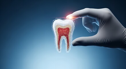 Dentist in gloves examines tooth anatomy with digital interface on blue background