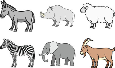 Mixed farm and wildlife animals set in simple clean style Vector illustration