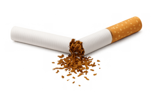 Broken cigarette breaking nicotine addiction concept, stopping smoking for better health and well-being, quitting bad habits
