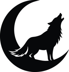 Wolf howling at a crescent moon in dramatic atmospheric night Vector illustration