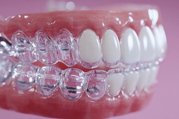Clear aligners shown in detail with a pink background highlighting their modern design for teeth straightening